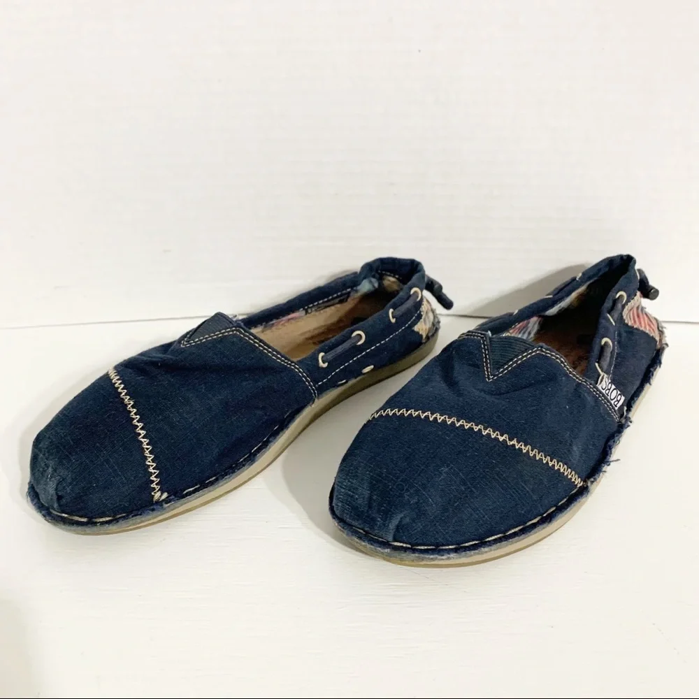 SKECHERS Bobs Canvas Slip-on Flat Raw Hem Shoes Style #: 37790-NVY Pop of Color